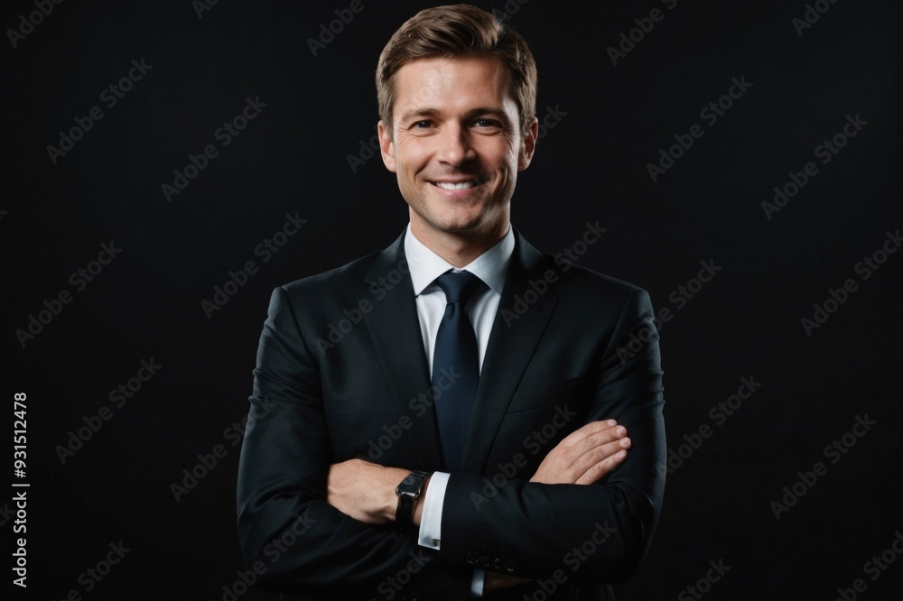 Low-key portrait of modern smiling business person in dark suit with folded hands in front of mouth looking straight, isolated on black background with copy-space Low-key portrait of modern smiling business person in dark suit with folded hands in front of mouth looking straight, isolated on black background with copy-space