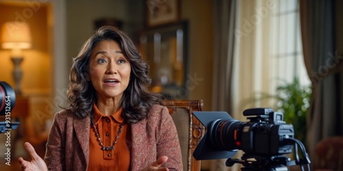 a woman says something emotional to the camera. Interview. Filming