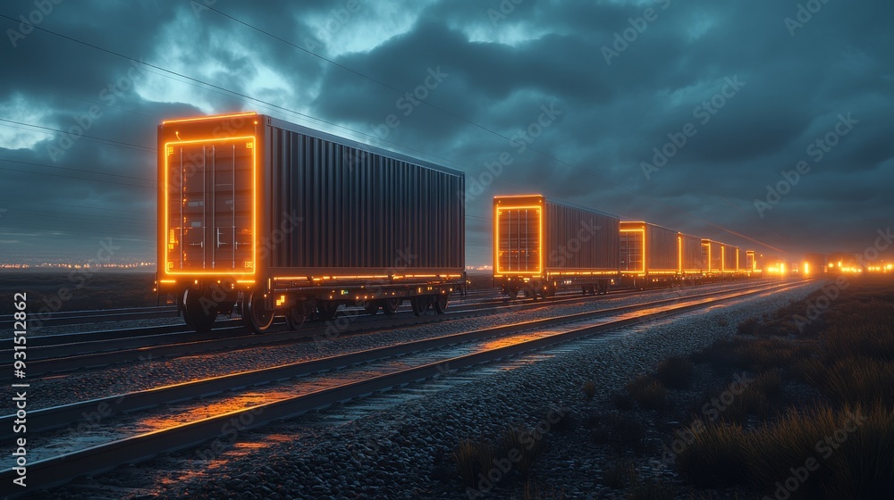 AI-Controlled Autonomous Cargo Trains: Trains transporting goods autonomously across vast distances, managed by AI for optimal routing. AI-Controlled Autonomous Cargo Trains: Trains transporting goods autonomously across vast distances, managed by AI for optimal routing.