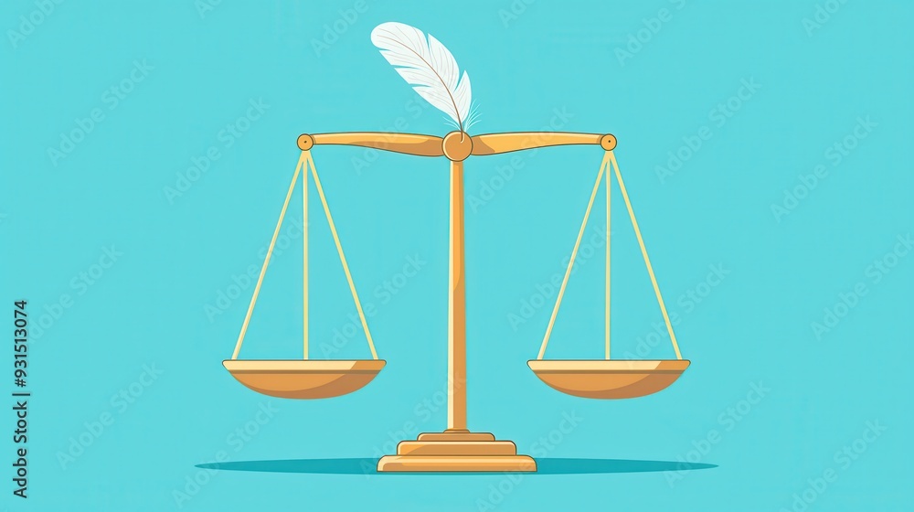 Symbol of justice featuring a golden balance scale with a feather, representing fairness and legal principles against a turquoise background. Symbol of justice featuring a golden balance scale with a feather, representing fairness and legal principles against a turquoise background.