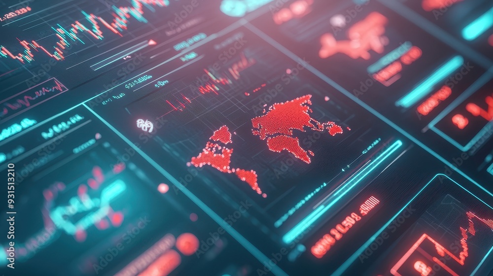 Obraz premium Futuristic data visualization with world map and financial charts in neon colors, showcasing global analytics and market trends.