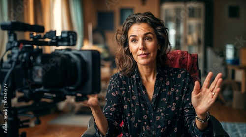 a woman says something emotional to the camera. Interview in the living room. Filming