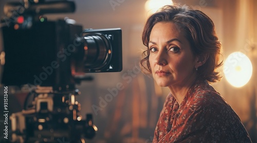 A woman sits in front of the camera, her head turned over her shoulder. With a serious look.  photo