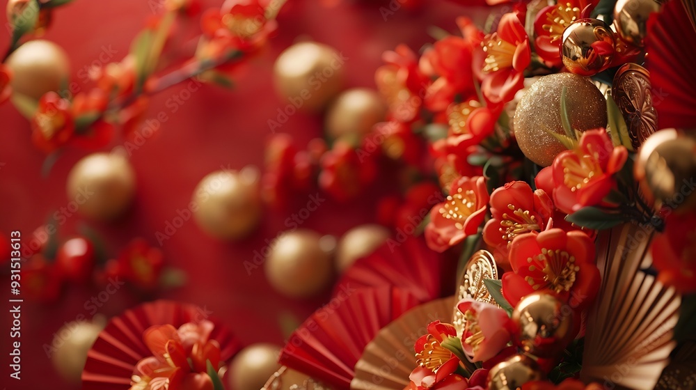 Chinese New Year theme background with copy space Red fans gold coins tangerines cherry blossoms holiday golden branches decor wishes envelopes gold dragon on red background : Generative AI Chinese New Year theme background with copy space Red fans gold coins tangerines cherry blossoms holiday golden branches decor wishes envelopes gold dragon on red background : Generative AI