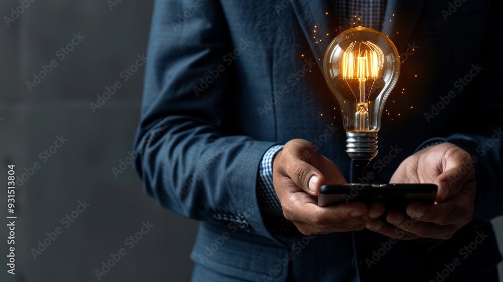 Businessman holding a light bulb for a smart innovation business concept Businessman holding a light bulb for a smart innovation business concept