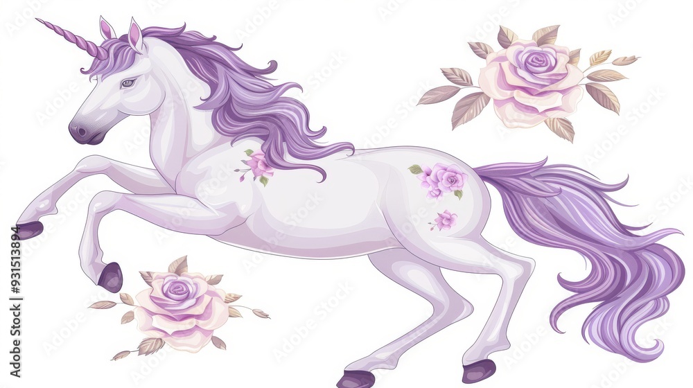 Fototapeta premium The unicorn horse is walking on the flower field while wearing a purple coat.