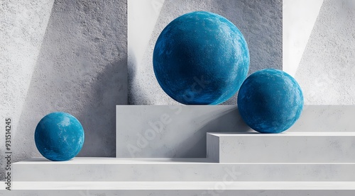 Three Blue Spheres on White Concrete Platforms photo