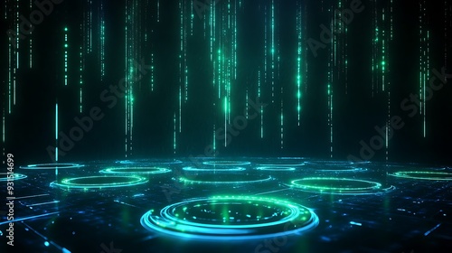 Wallpaper Mural Futuristic digital landscape with abstract green and blue data streams and glowing circles, representing advanced technology and cyberspace. Torontodigital.ca