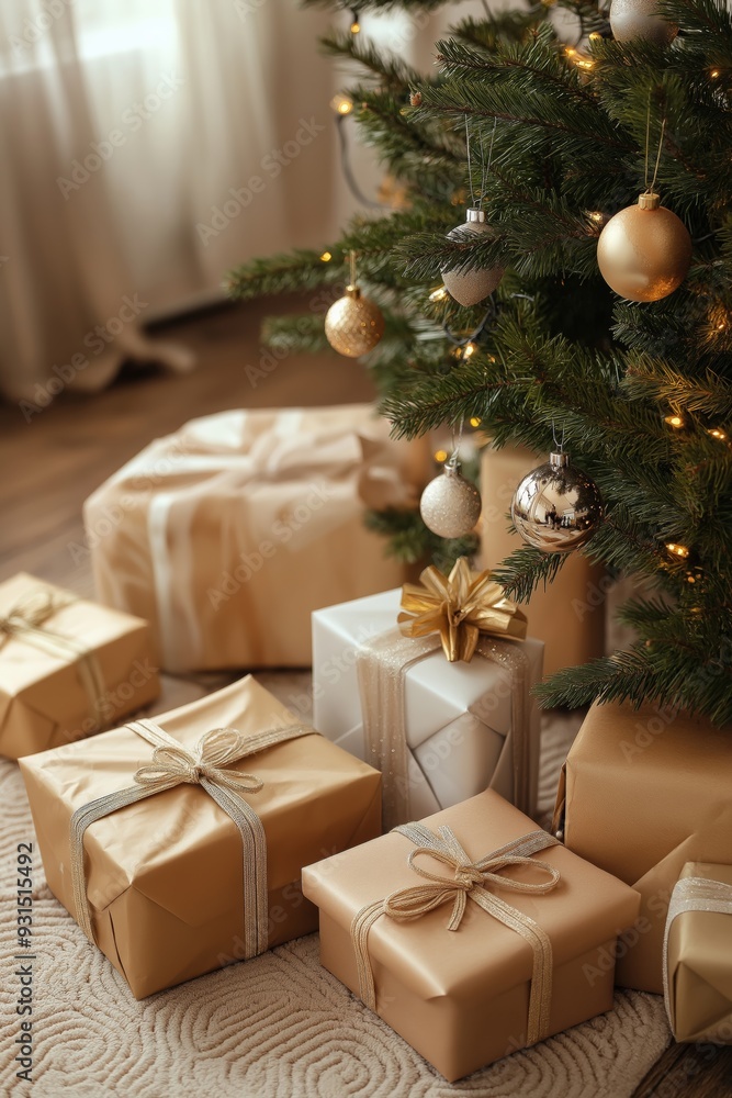 A Christmas tree with a gold ball ornament hanging from it. The tree is surrounded by several boxes of gifts, including a large one in the foreground. Scene is festive and joyful