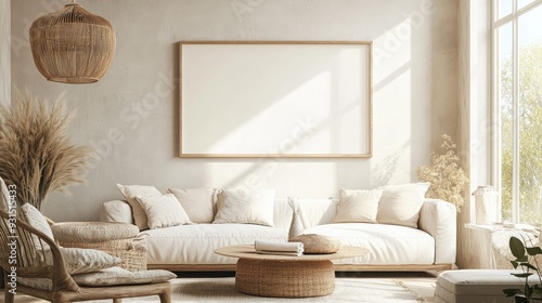 Modern living room with a white sofa, a coffee table, and a large framed picture on the wall. The room is decorated in a minimalist style with natural elements.