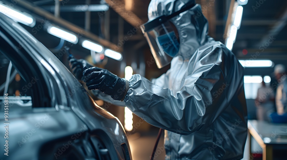 Car painter in protective clothes and mask painting automobile bumper with metallic paint and varnish in chamber workshop. Car painter in protective clothes and mask painting automobile bumper with metallic paint and varnish in chamber workshop.