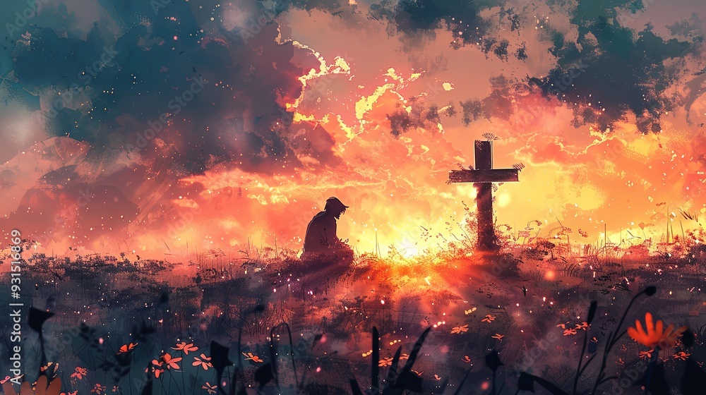 custom made wallpaper toronto digitalAgainst a dramatic sunset, a person sits in front of a cross, symbolizing a moment of reflection, peace, and spiritual introspection amidst natural beauty.