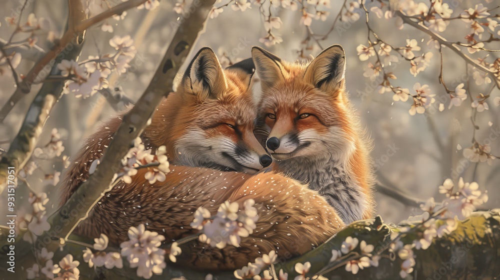 A pair of foxes cuddle hug in a field of blossoming flowers against a blurry background. Stock photo. A pair of foxes cuddle hug in a field of blossoming flowers against a blurry background. Stock photo.