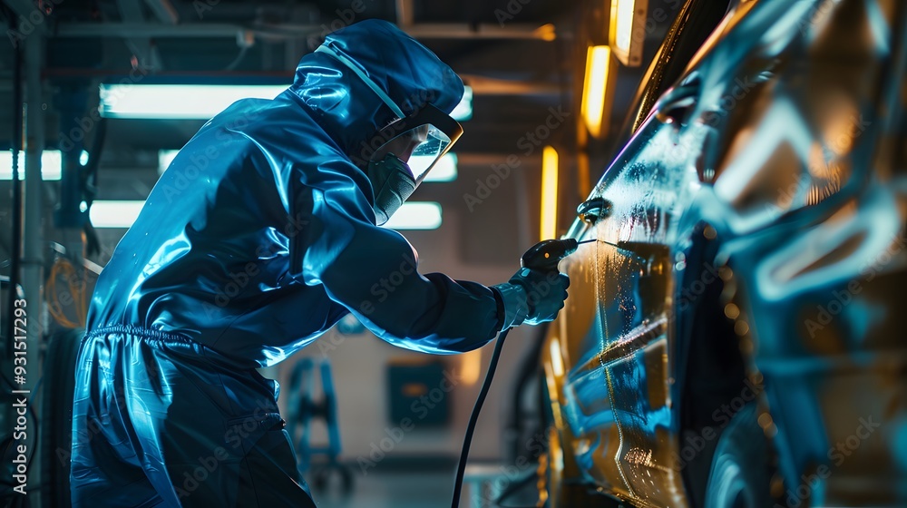 Car painter in protective clothes and mask painting automobile bumper with metallic paint and varnish in chamber workshop. Car painter in protective clothes and mask painting automobile bumper with metallic paint and varnish in chamber workshop.