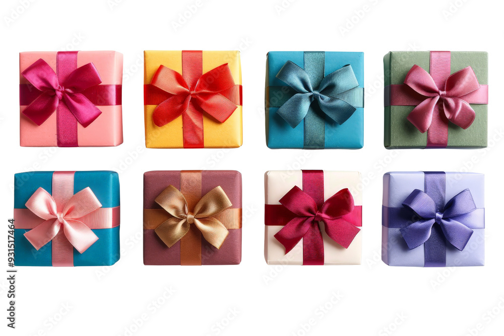Colorful square gift boxes with ribbon bows, arranged in two sets, isolated on a clean white background Colorful square gift boxes with ribbon bows, arranged in two sets, isolated on a clean white background