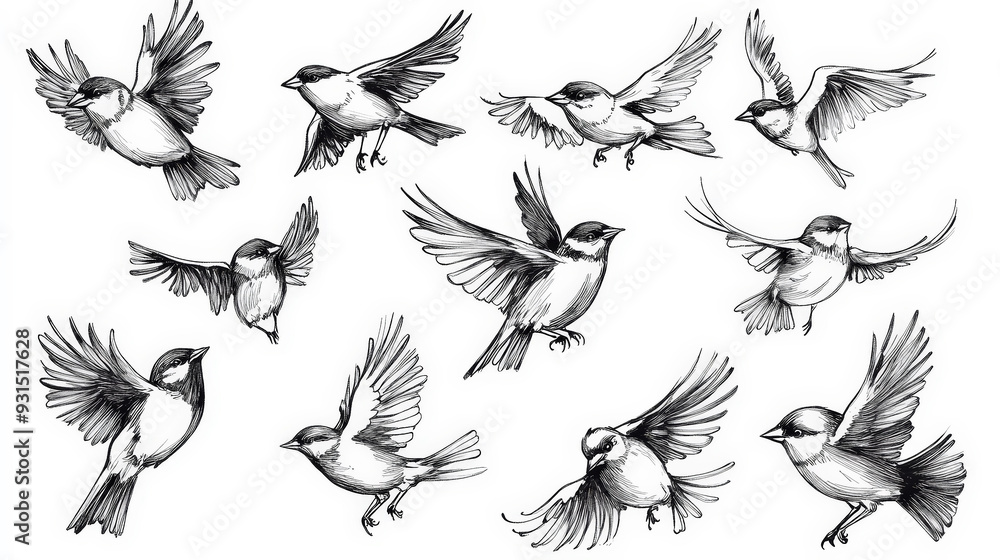 Trendy set of black silhouettes of birds on a white background, made with ink, rough brushstrokes. Generative AI Trendy set of black silhouettes of birds on a white background, made with ink, rough brushstrokes. Generative AI