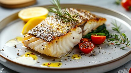 Take a photo by smart phone of sea bass fillet steak with lemon sauce served with vegetable on plate : Generative AI