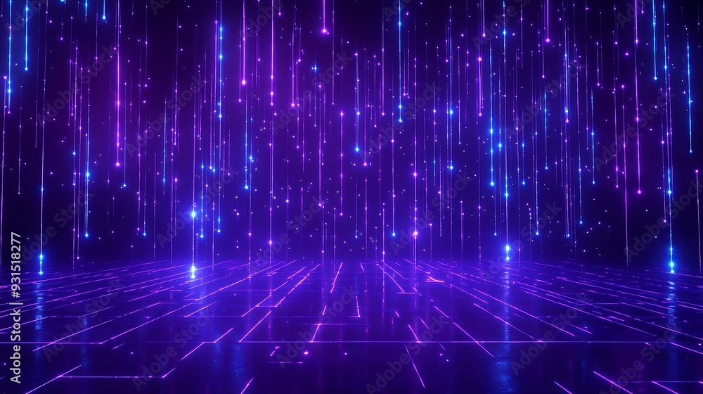 Futuristic digital landscape with glowing neon lights in blue and purple tones, resembling a virtual reality environment or tech grid. Futuristic digital landscape with glowing neon lights in blue and purple tones, resembling a virtual reality environment or tech grid.