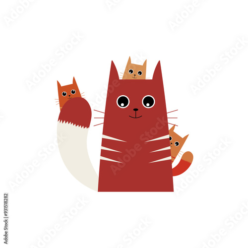 un chat et ses enfants, mignon et kawaii, parent et enfant