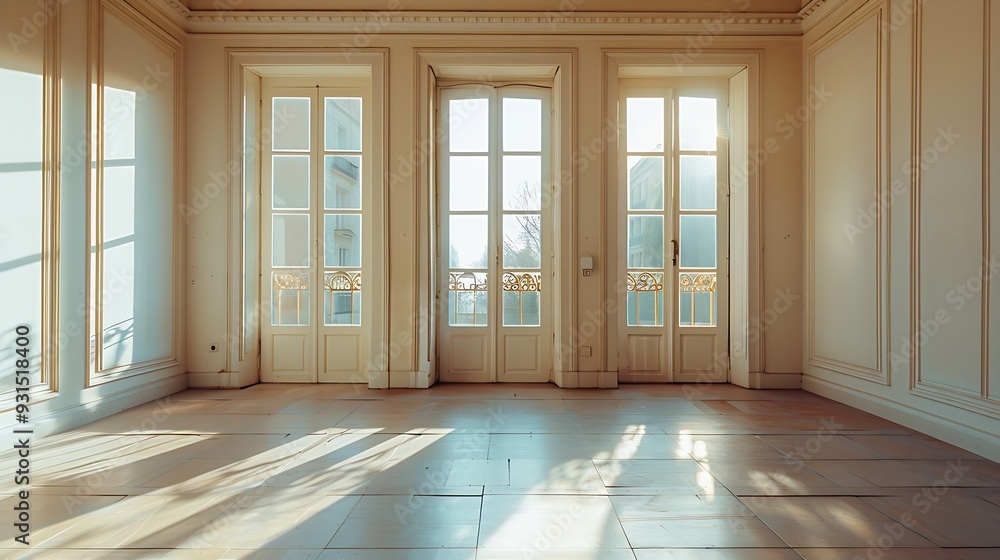 Obraz premium Interior of an empty room with balcony : Generative AI