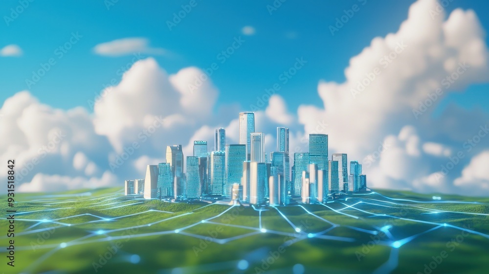 Fototapeta premium A vibrant city skyline with futuristic architecture, surrounded by lush greenery and connected through a digital network.