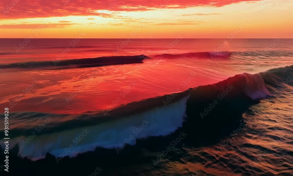 Crimson Dawn: Ocean Waves Catching Fiery Sunrise Light, Coastal Beauty. Crimson Dawn: Ocean Waves Catching Fiery Sunrise Light, Coastal Beauty.