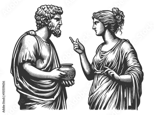 Greek family dispute figures in conversation, quarrel with wife and husband, detailed attire and expressive gestures sketch engraving generative ai vector illustration. Black and white image.