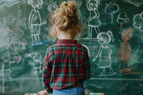 Unrecognizable adorable child drawing at school during class in a writing green board photo