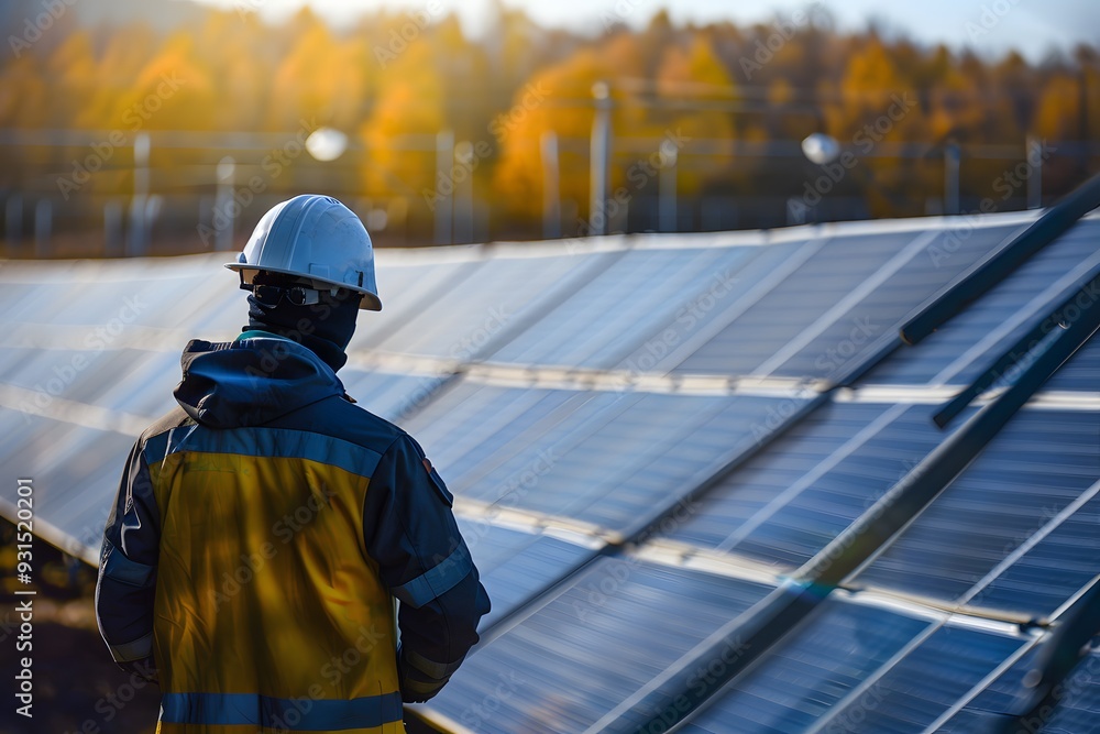 A worker standing in front of solar panel project A worker standing in front of solar panel project