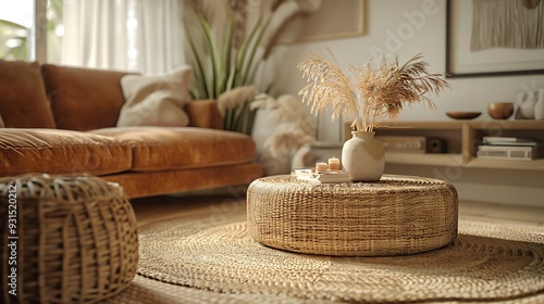 Warm and cozy interior of living room space with brown sofa round beige carpet wooden coffee table mock up poster frames decoration and elegant personal accessories Cozy home decor Tem : Generative AI photo