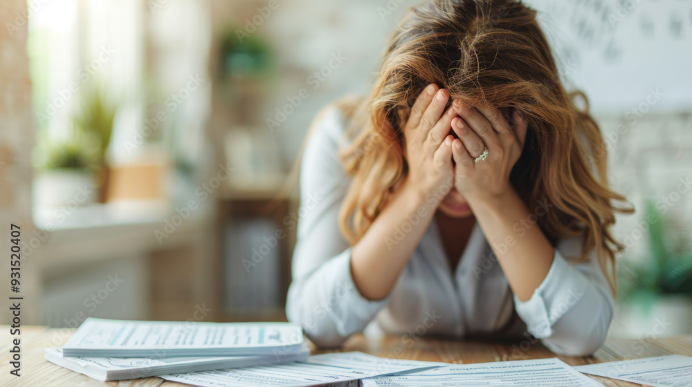 Stressed woman overwhelmed by paperwork, visibly frustrated while sitting at a cluttered desk, surrounded by documents in a bright, modern workspace. Stressed woman overwhelmed by paperwork, visibly frustrated while sitting at a cluttered desk, surrounded by documents in a bright, modern workspace.
