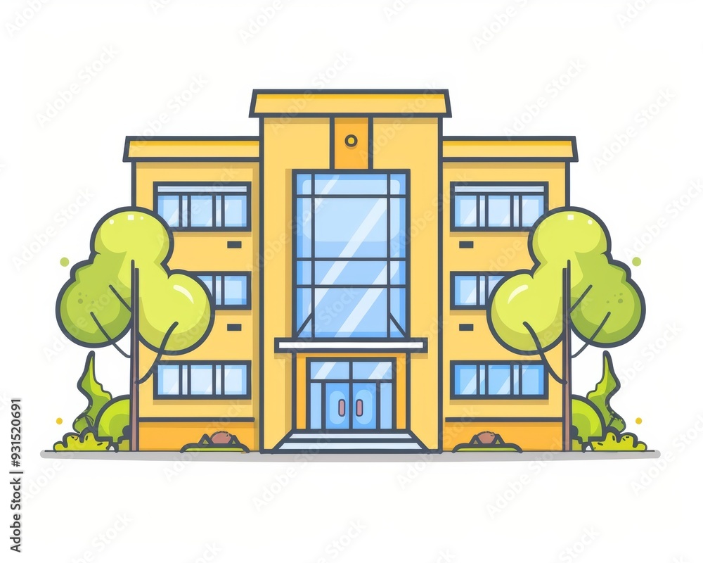 A modern school building, its main entrance, and its front yard. A modern school building, its main entrance, and its front yard.