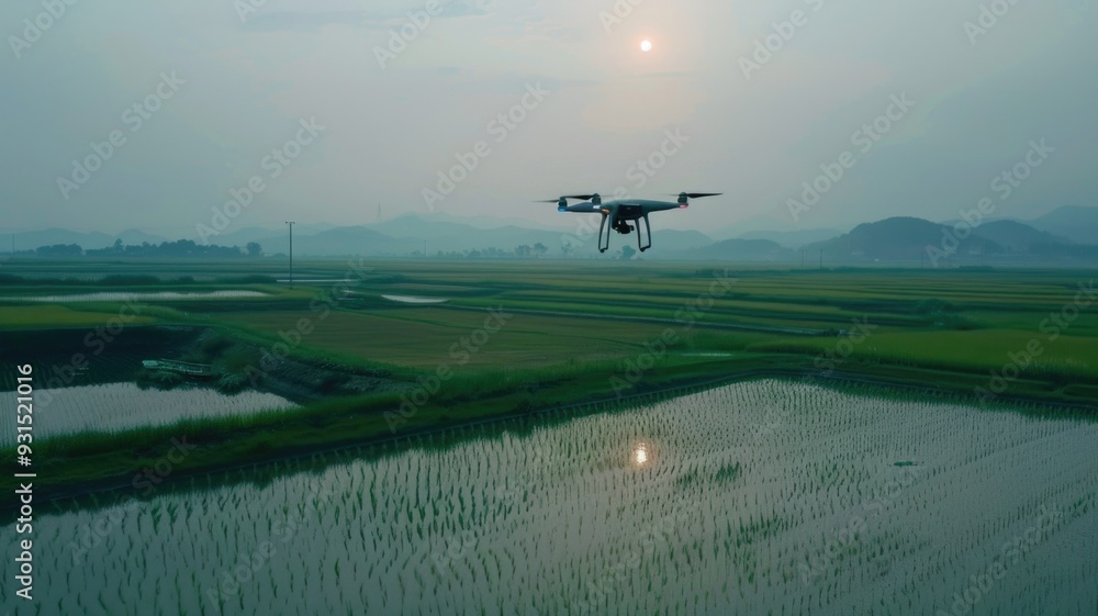 Drone flying over a wetland, planting rice seeds in hard-to-reach areas Drone flying over a wetland, planting rice seeds in hard-to-reach areas
