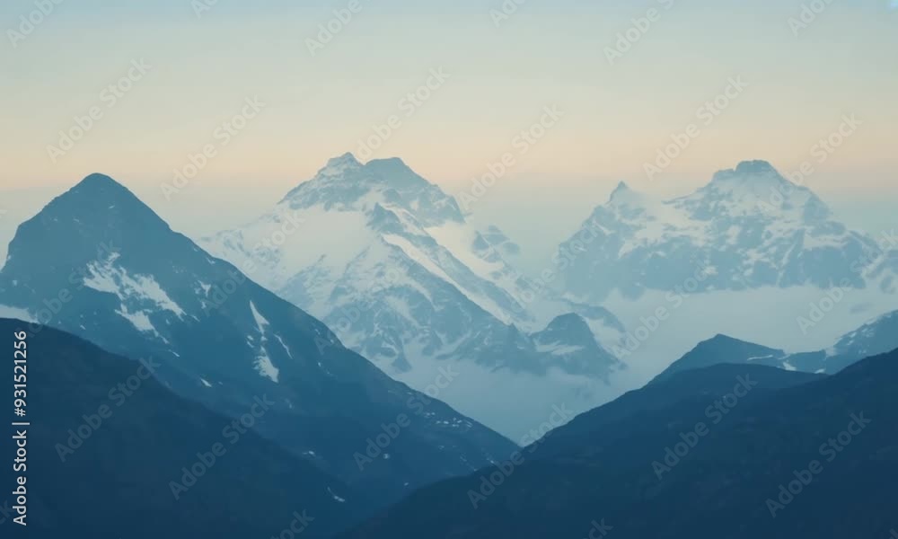 Layered Mountain Peaks: Snowy Summits in Soft Morning Light. Layered Mountain Peaks: Snowy Summits in Soft Morning Light.