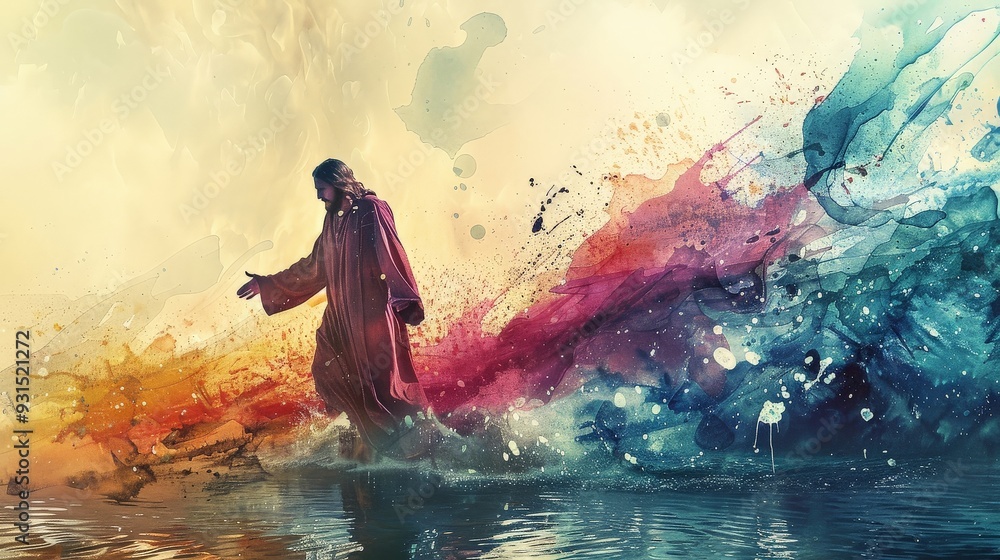 Fototapeta premium Jesus walking on water depicted in dynamic watercolor splashes