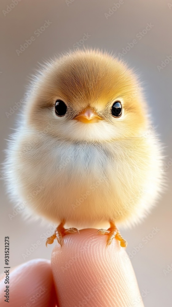 A close-up image of an adorable fluffy baby chick perched on a human fingertip, showcasing its round shape A close-up image of an adorable fluffy baby chick perched on a human fingertip, showcasing its round shape