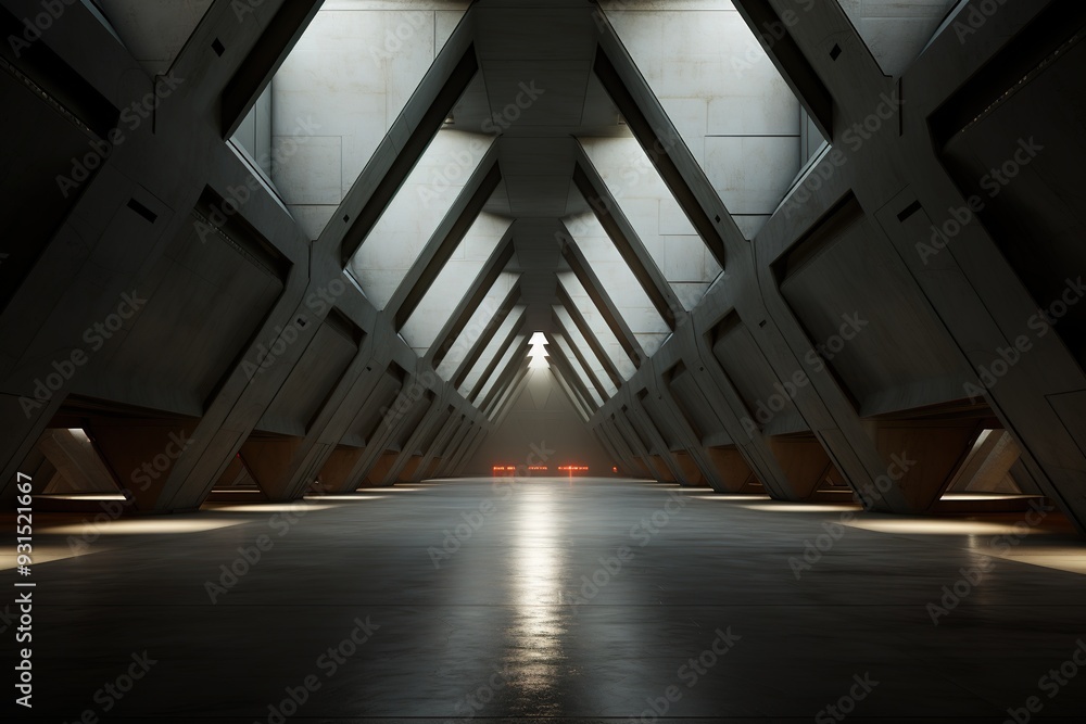 Modern concrete corridor with light shining through triangular windows. Modern concrete corridor with light shining through triangular windows.