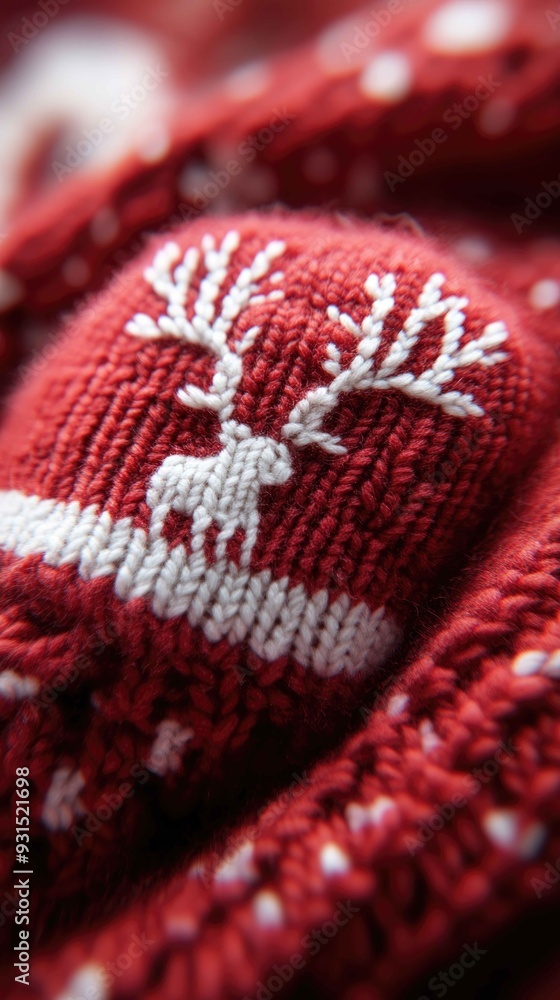 Cozy Red and White Knitted Texture with Holiday Patterns of Reindeer and Snowflakes Cozy Red and White Knitted Texture with Holiday Patterns of Reindeer and Snowflakes