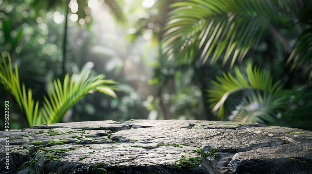 Stone table top in jungle forest with blur palm tree Natural tropical scene for organic product placement podium background : Generative AI Stone table top in jungle forest with blur palm tree Natural tropical scene for organic product placement podium background : Generative AI