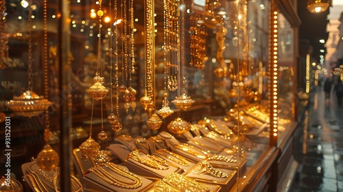 A gold shop windows at istanbul grand bazar or Kapali Carsi Turkey Jewelry in the store window A lot of luxury jewelry in the oriental market Concept of shopping in Middle East : Generative AI photo