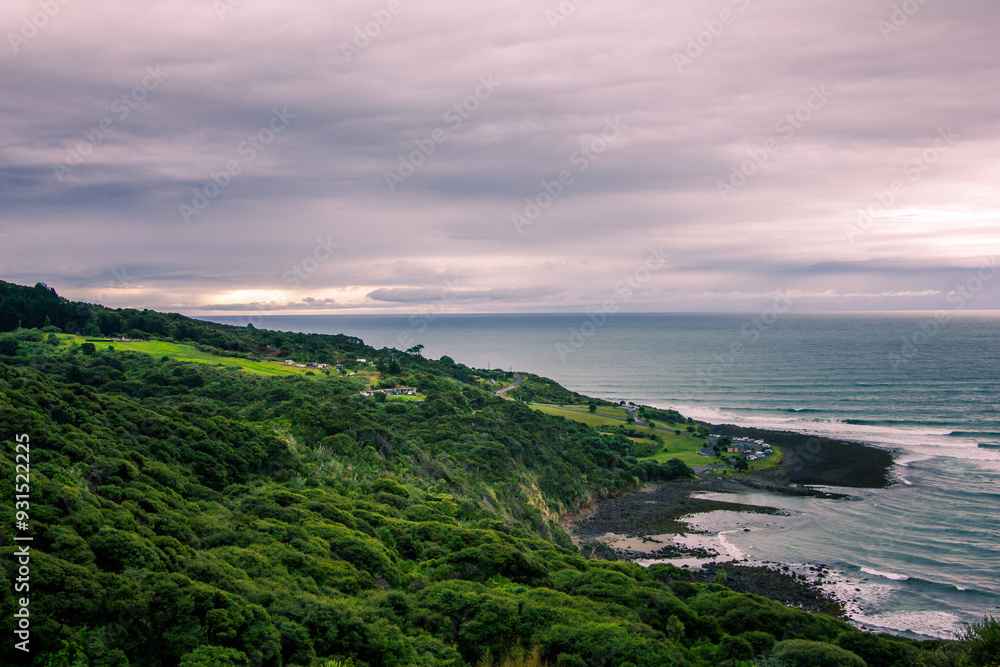 Panoramic view over Manu Bay at sunset. Raglan, New Zealand Panoramic view over Manu Bay at sunset. Raglan, New Zealand