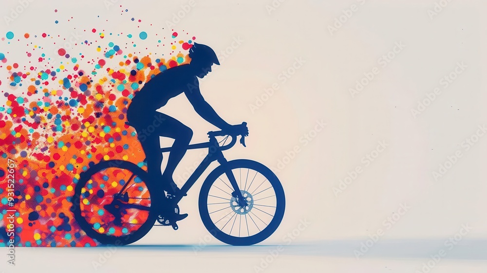 Fototapeta premium Matte silhouette of a cyclist, with a trail of multicolored dots representing motion