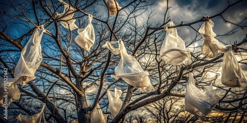 littered plastic bags trapped in tree branches, haunting melancholic mood, low-key lighting, Panasonic Lumix GH5, 25mm lens, muted monochrome tones, concept: neglect and accountability photo