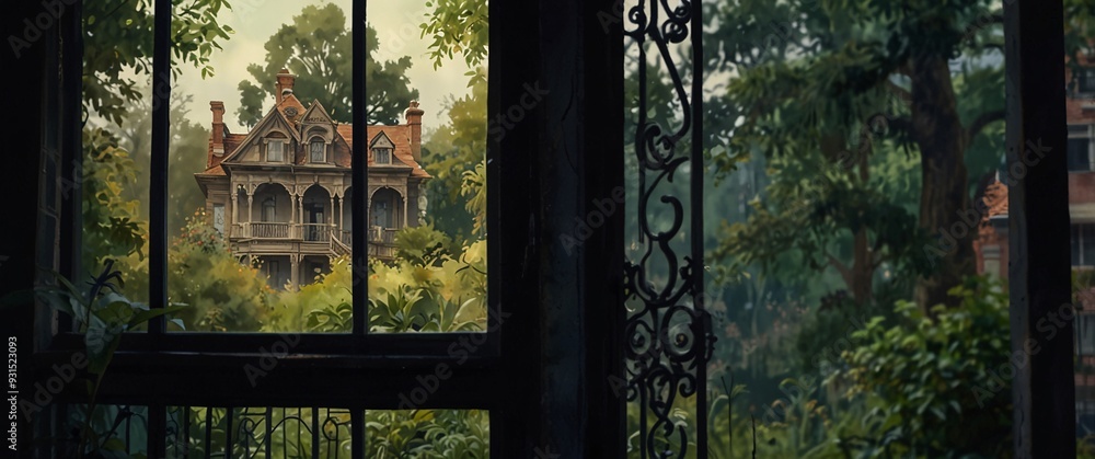 Haunted mansion, overgrown garden, broken windows, Watercolor style, blurred background Haunted mansion, overgrown garden, broken windows, Watercolor style, blurred background