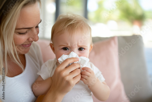 Mother Wiping Baby's Nose with Tissue