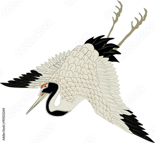 Japanese crane ukiyo-e hand drawn vector illustration. Crane in Japan symbol of luck and goodness. Traditional asian bird flying.