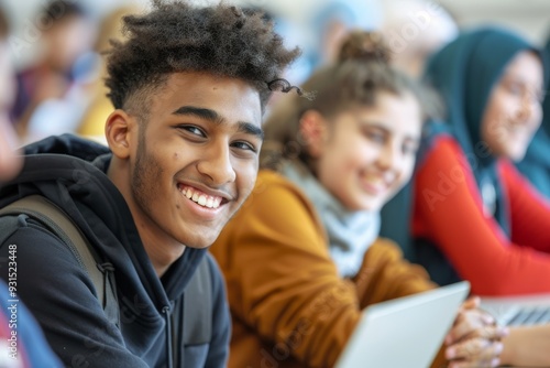 In the classroom, a female student is smiling and discussing something with her friends
