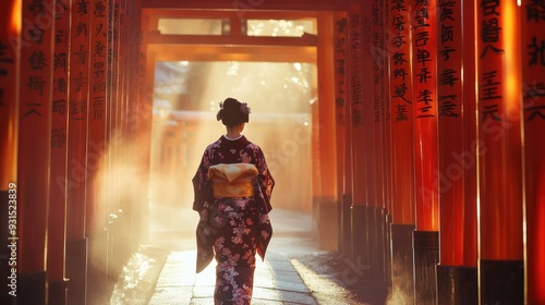 Woman in Kimono Walking through a Torii Gate in Japan