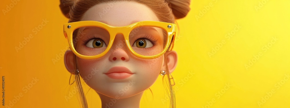 3D cartoon of a young girl wearing trendy yellow glasses 3D cartoon of a young girl wearing trendy yellow glasses