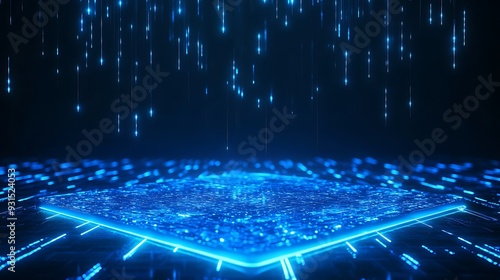 Wallpaper Mural Futuristic holographic digital interface with blue lights and data, representing advanced technology and innovation in a glowing dark background. Torontodigital.ca